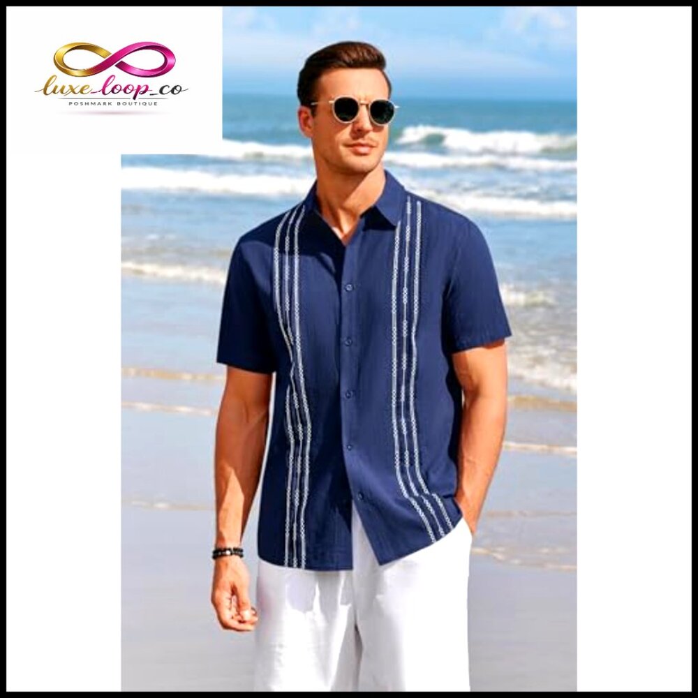 Men's Linen Cotton Guayabera Shirt Embroidered Cuban Wedding Beach Top - Picture 3 of 7